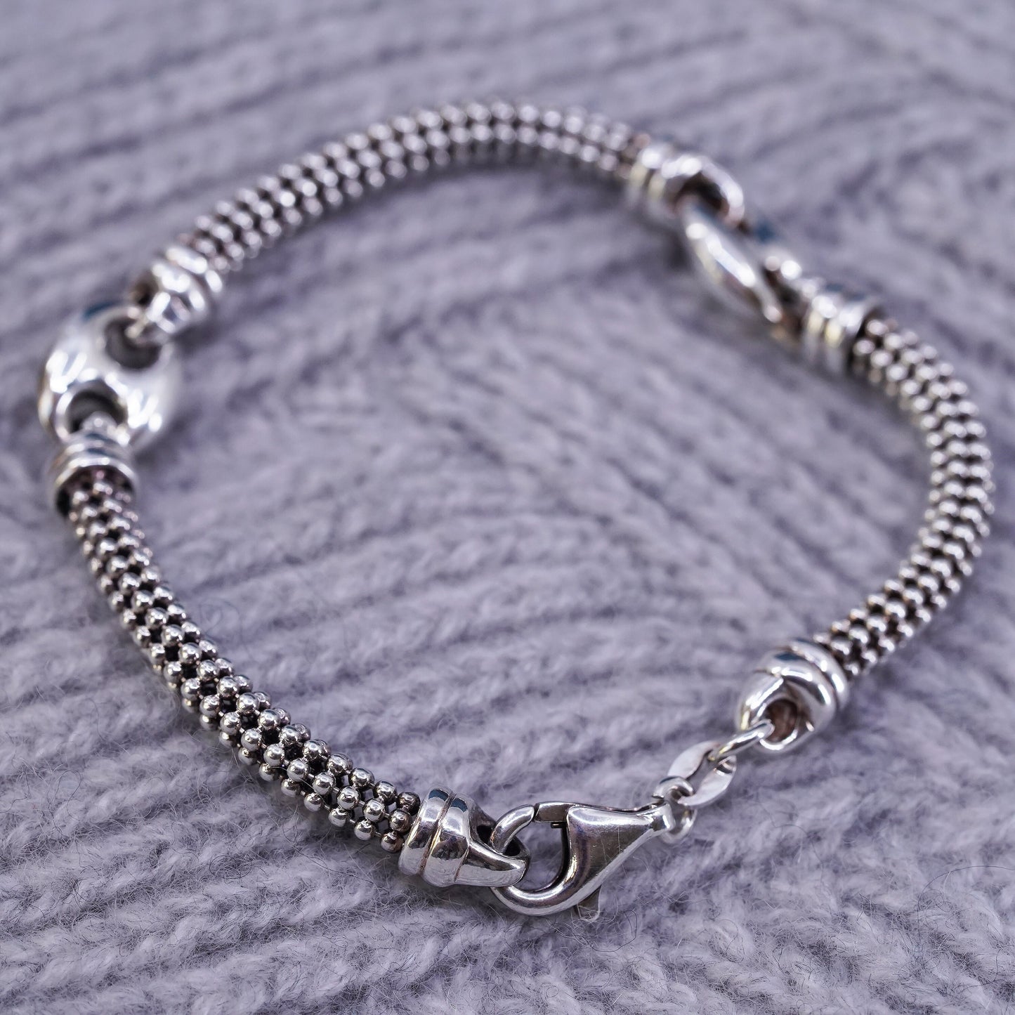 7", Italy Sterling silver handmade chain, 925 beads bracelet and puffy anchor