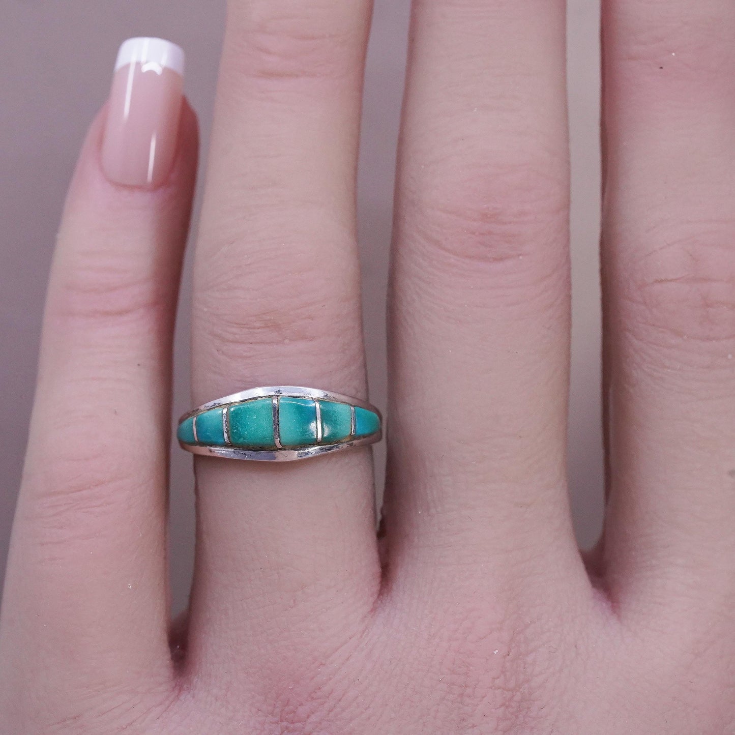 Size 6.5, VTG Sterling 925 silver handmade ring turquoise inlay Native American