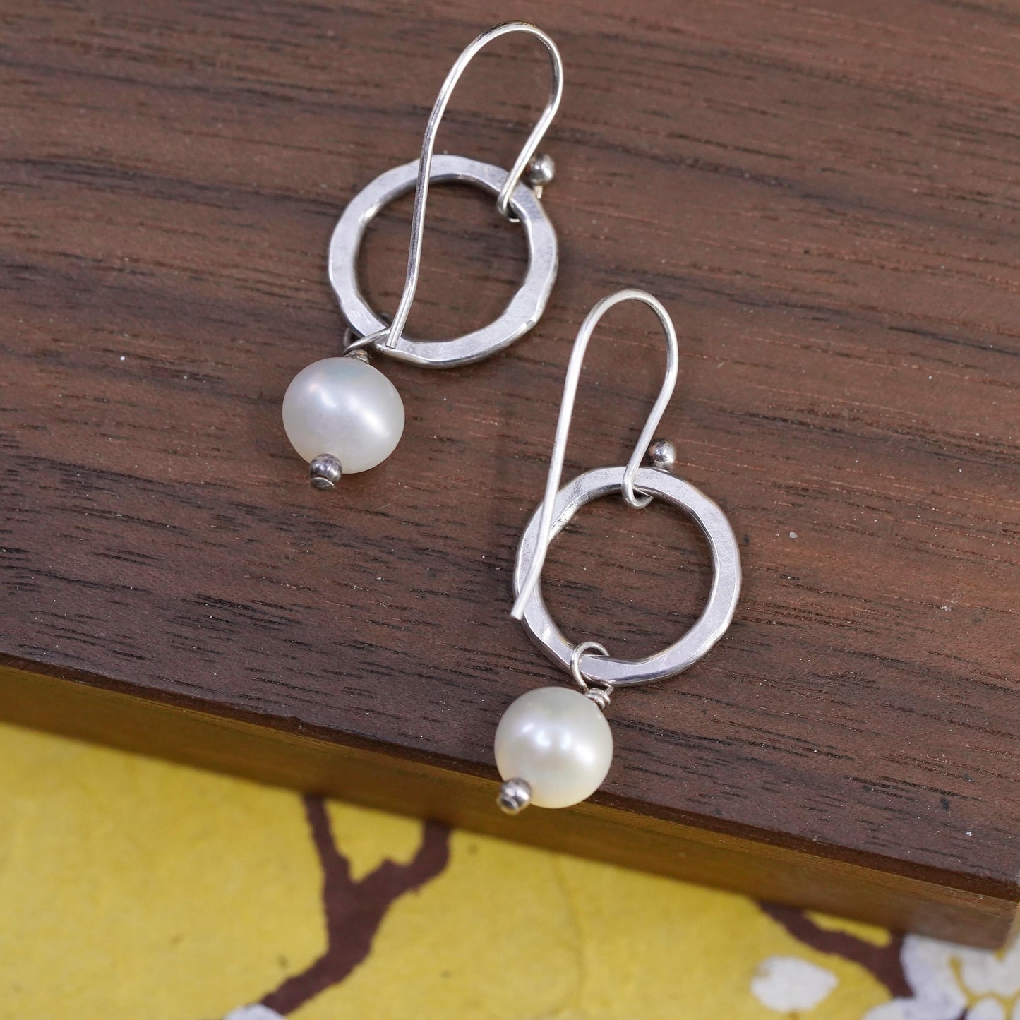 Vintage Sterling silver handmade earrings, 925 circle with pearl drops