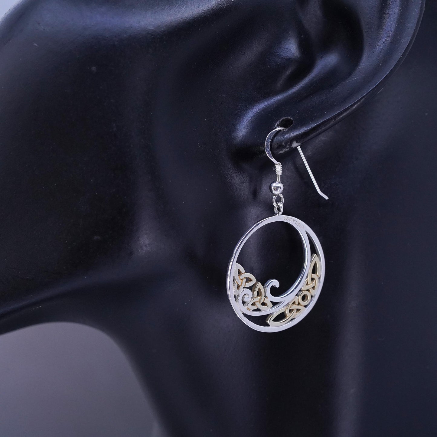 Irish Solvar two tone Sterling 925 silver filigree Celtic knot circle earrings
