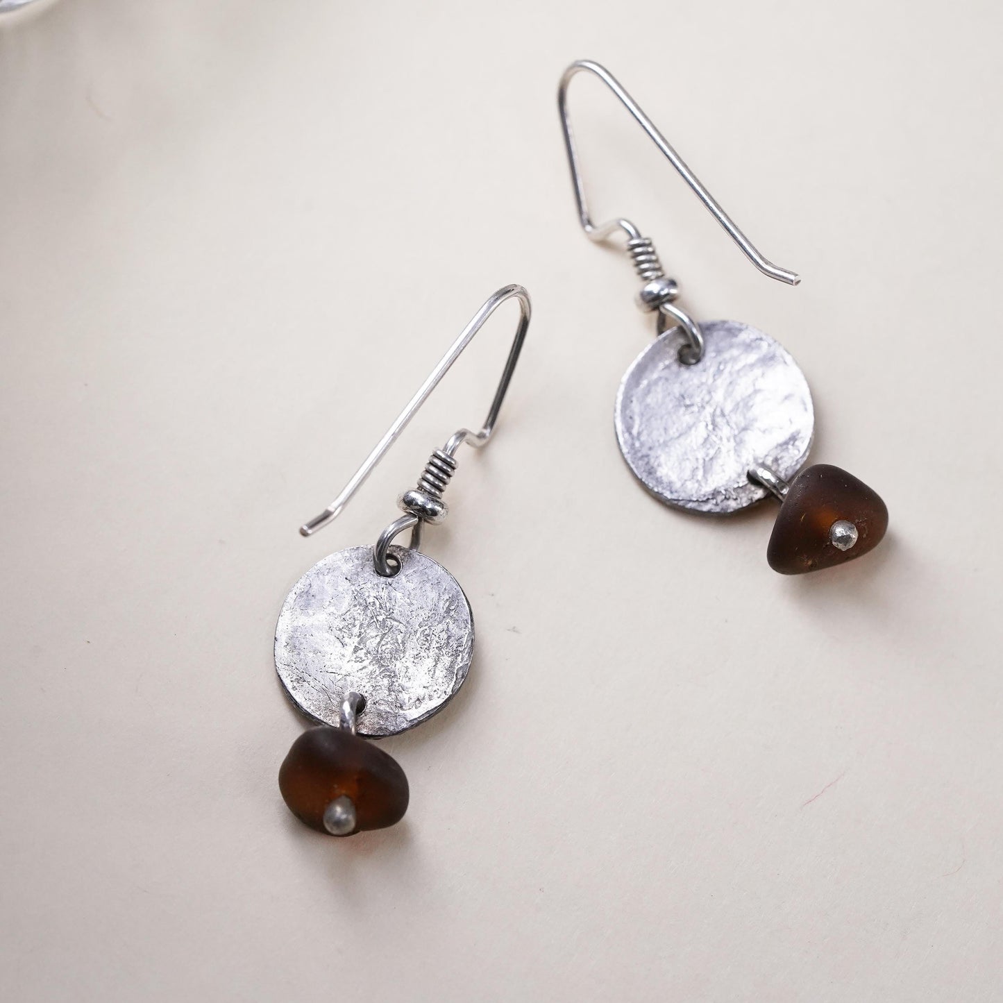 Vintage sterling 925 silver handmade spiral disc earrings with amber bead