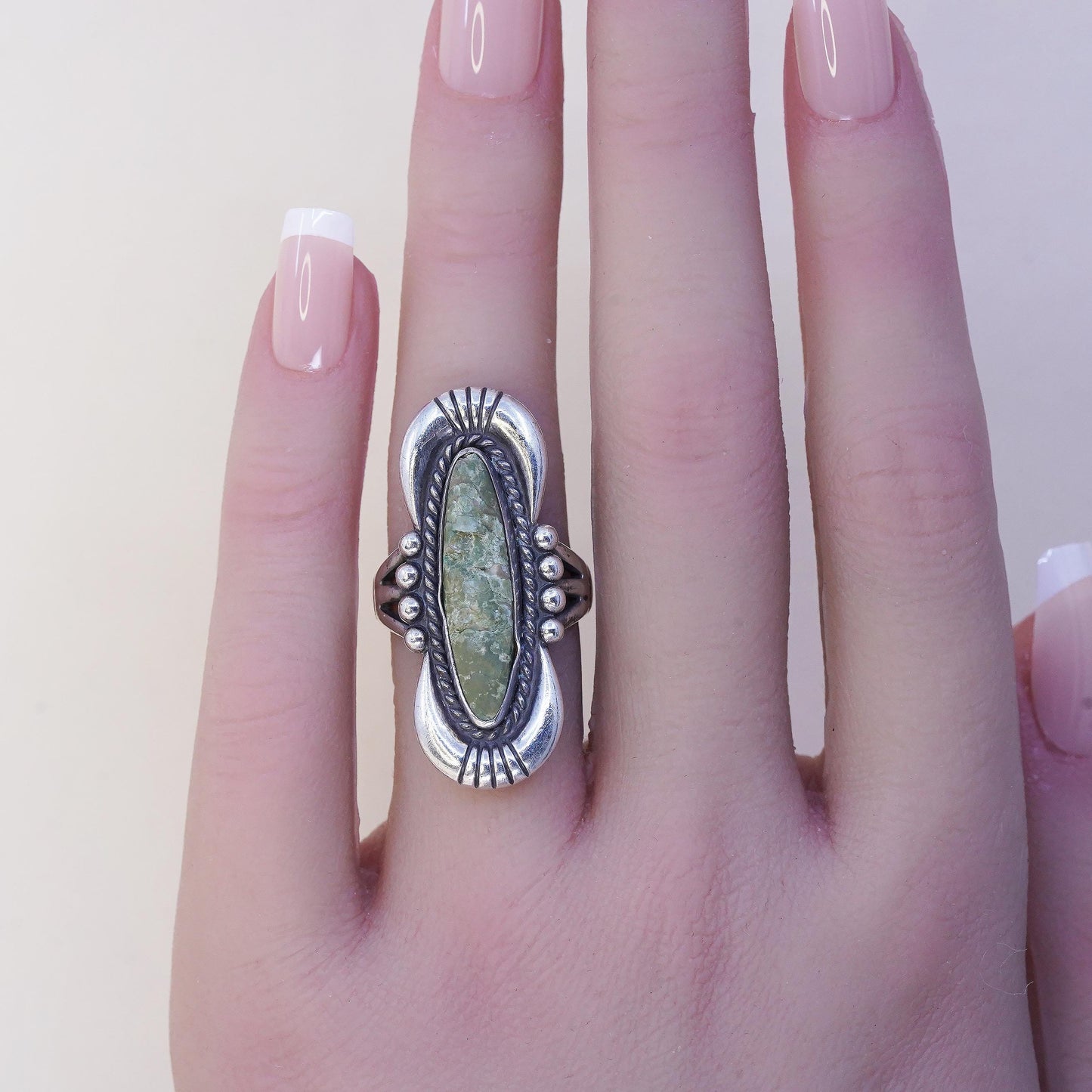 size 6.25, Native American 925 Sterling Silver Long Oval Green Turquoise Ring