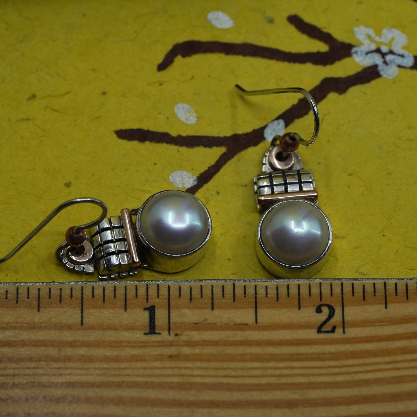 designer two tone sterling silver earrings, 925 dangle with 14K accent pearl