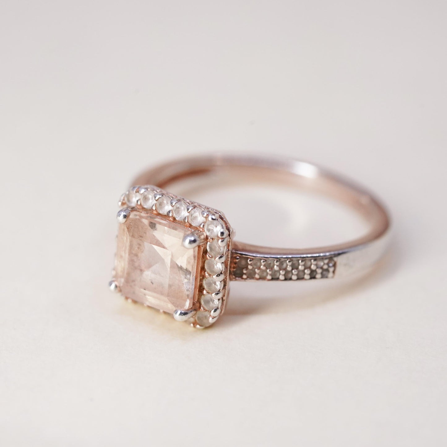 Size 7, antique vermeil gold over sterling silver ring with square crystal