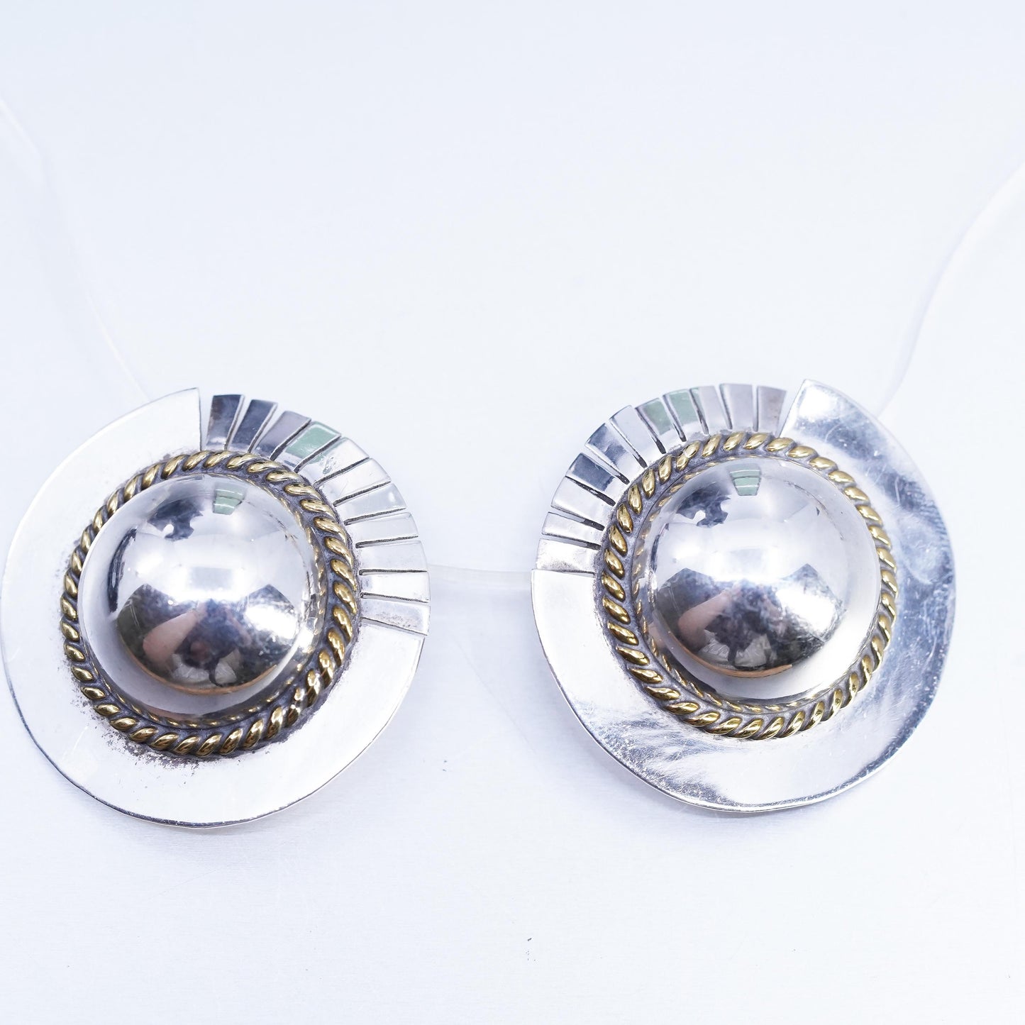 VTG Mexican Two Tone Sterling 925 Silver circle CLIP ON earrings brass cable