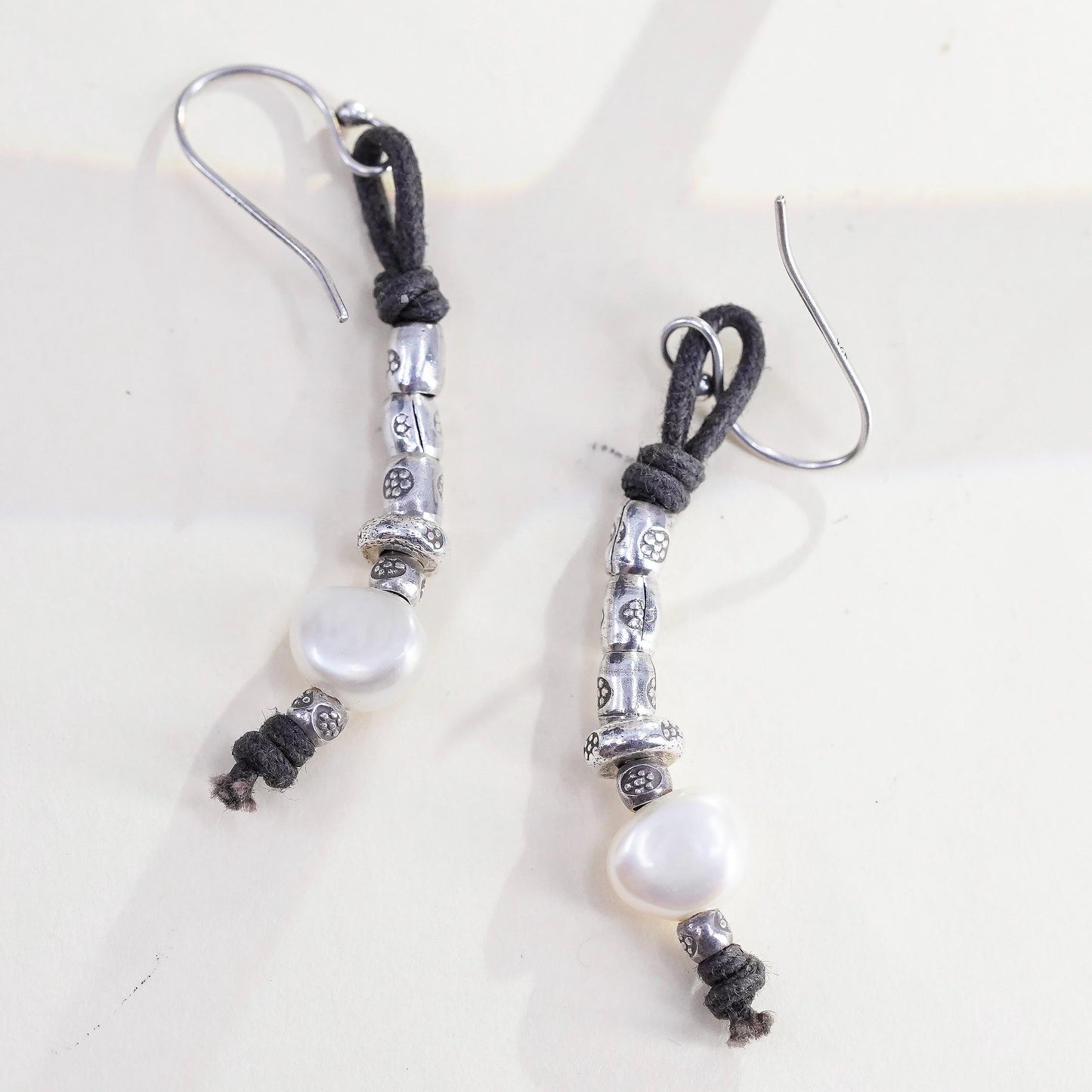 Vintage 925 Sterling Silver Leather Textured Earrings with pearl beads