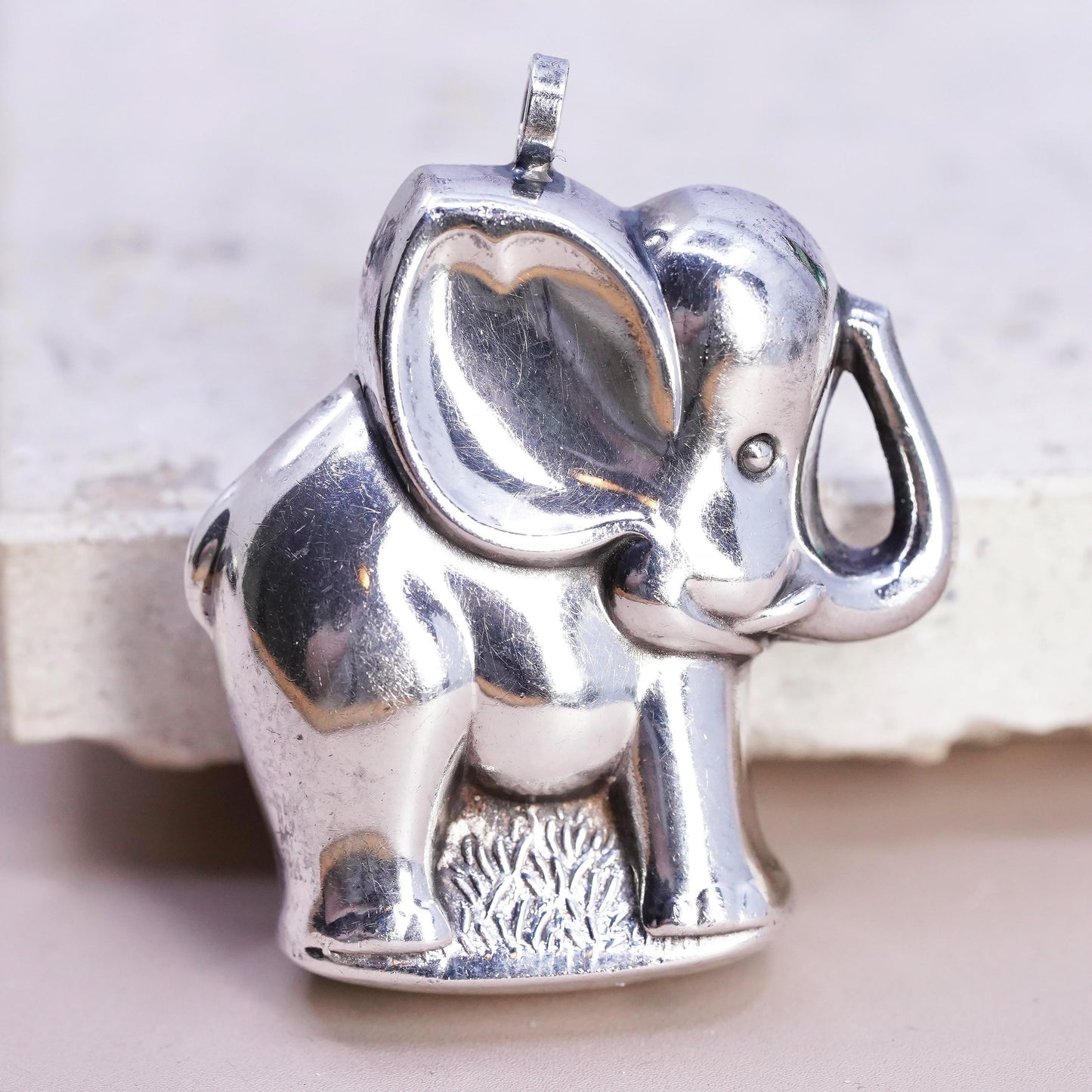 Vintage Sterling silver handmade pendant, puffy huge 925 silver elephant charm