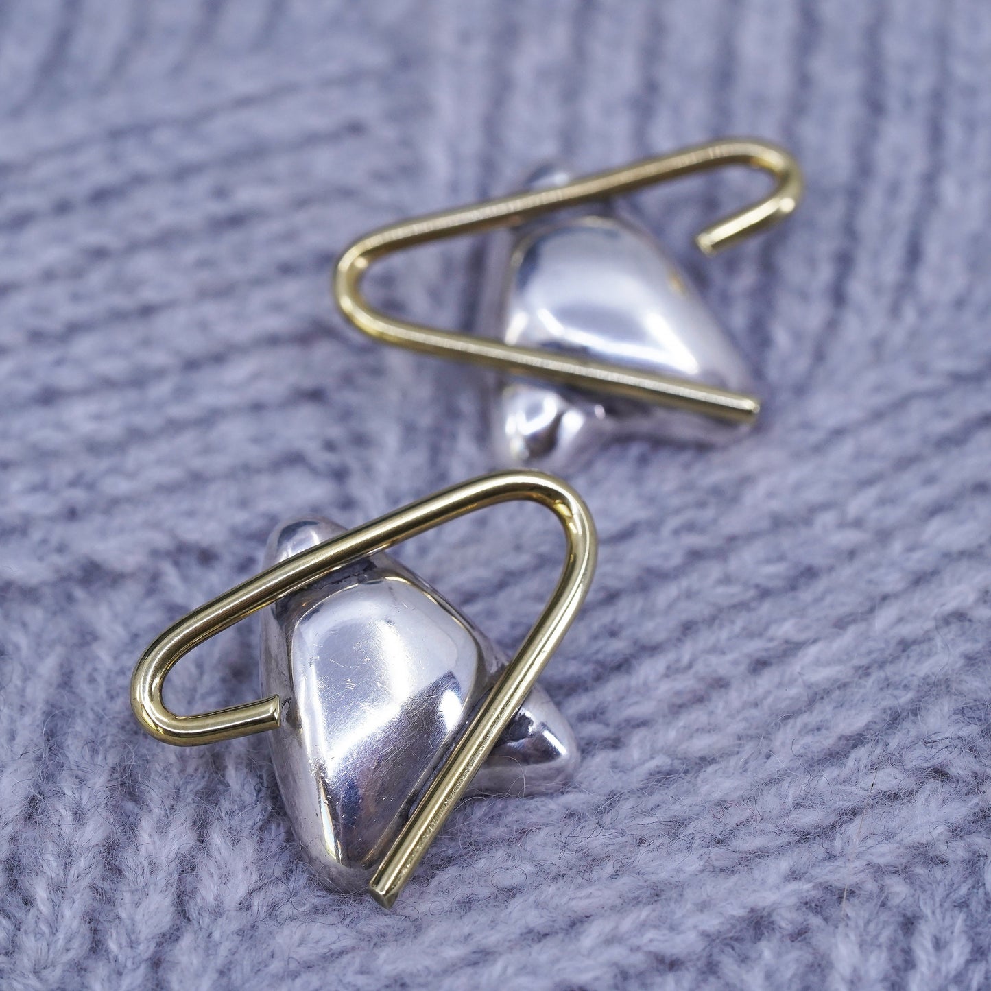 Vintage two tone Sterling silver handmade earrings, 925 studs with cable around