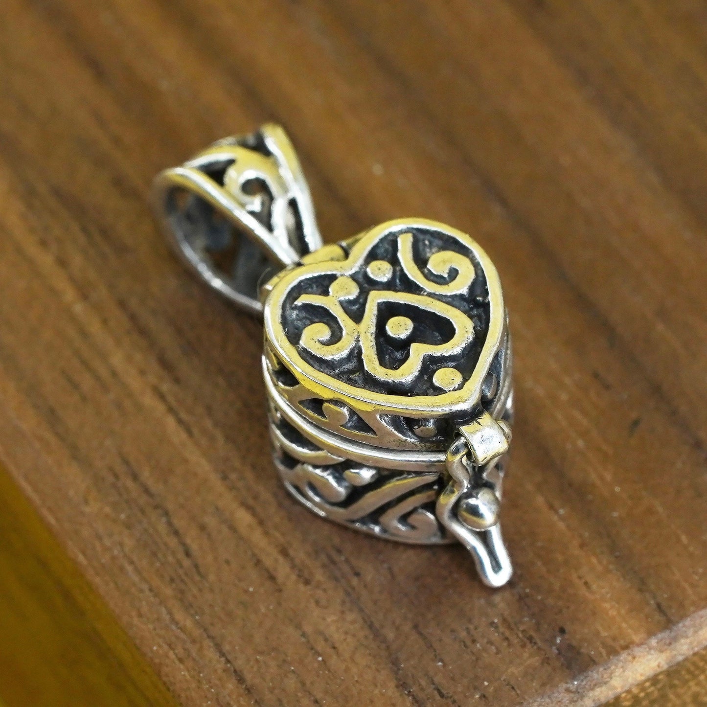 Sterling silver prayer box pendant, 925 heart locket charm with lucky clover