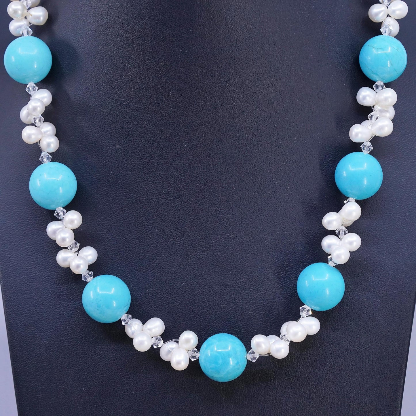 18+1.5", Sterling 925 silver necklace w/ freshwater pearl 15mm turquoise beads