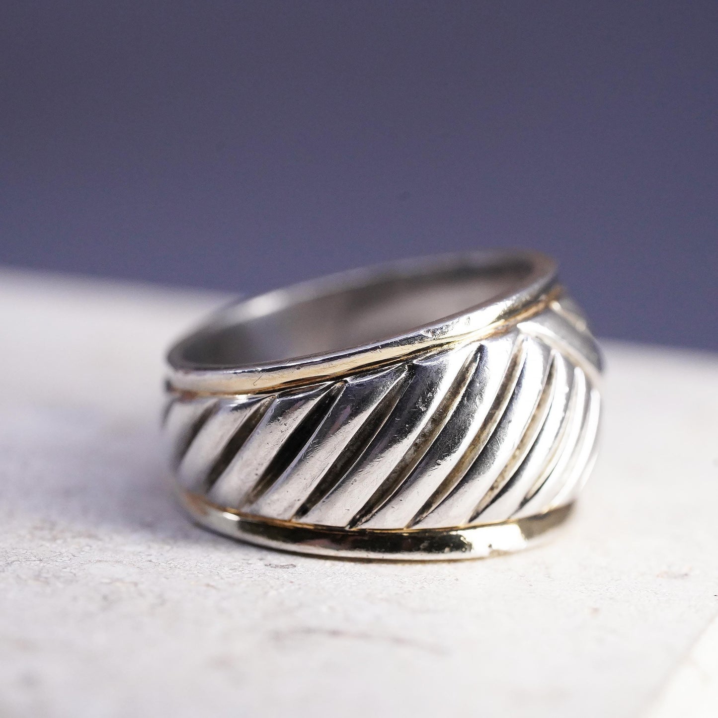Size 7.5, vintage Sterling 925 silver handmade ribbed cable textured ring band