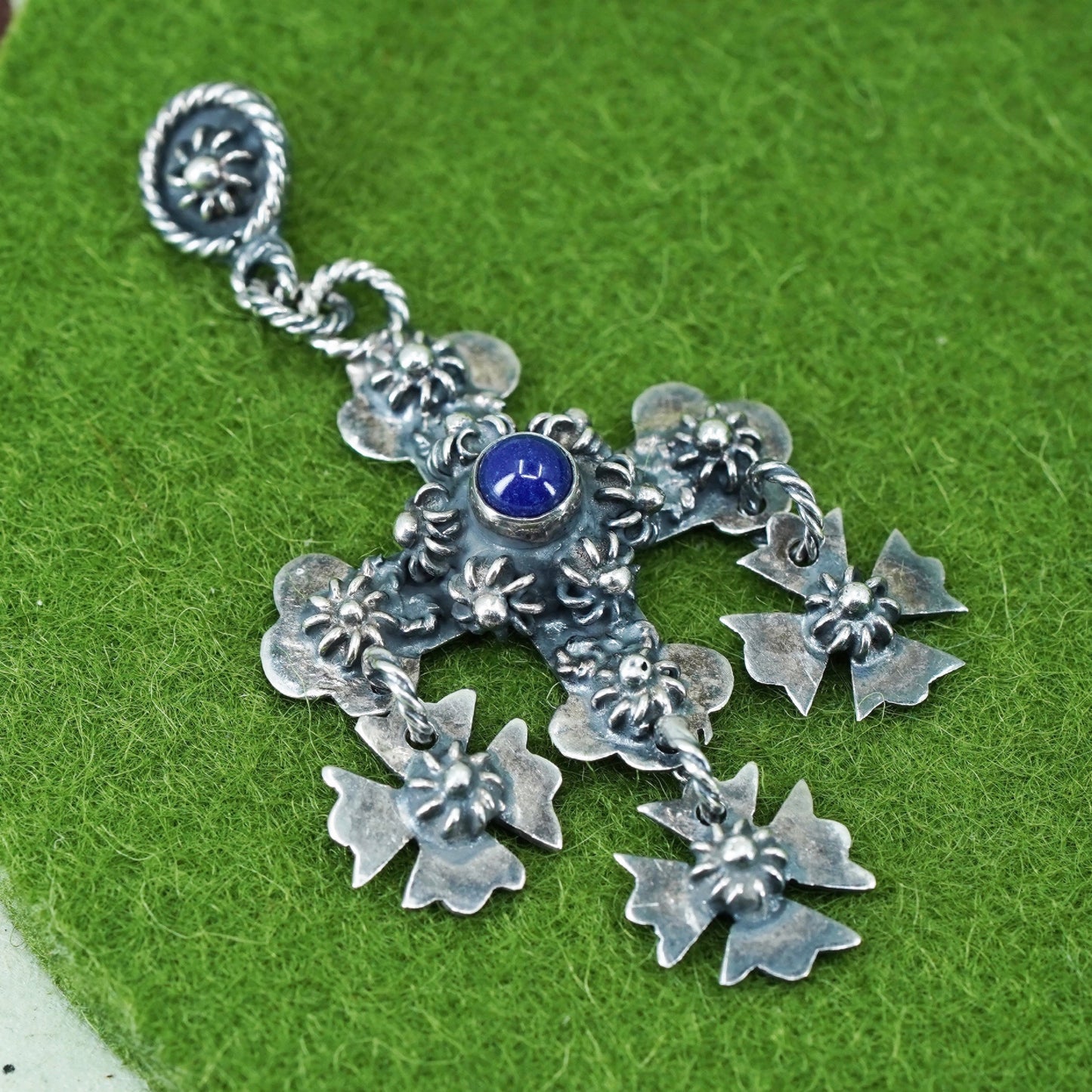 Taxco Mexico sterling Silver 925 Jerusalem cross Pendant floral dangles onyx