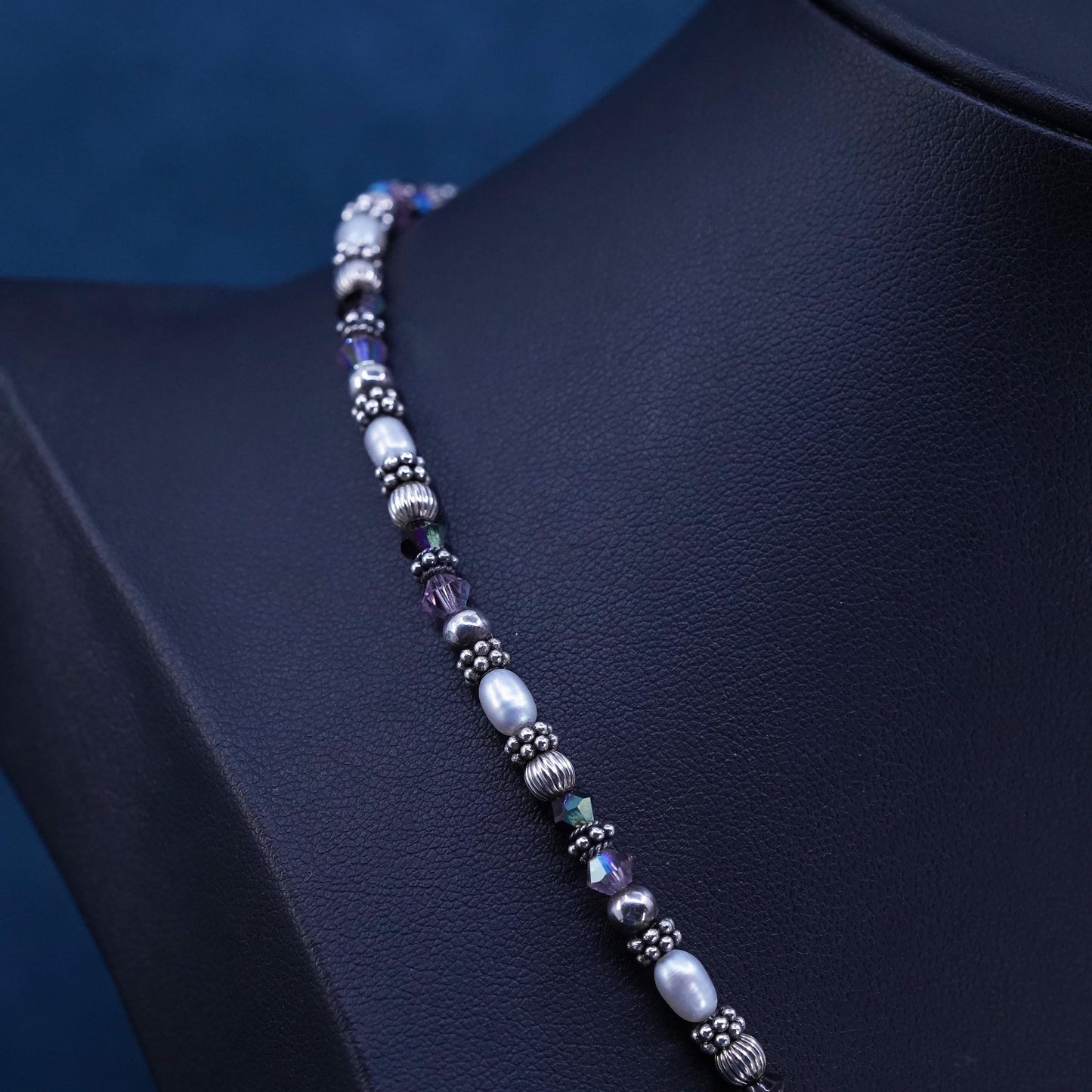 16+2", VTG Sterling 925 silver necklace with freshwater pearl and crystal beads