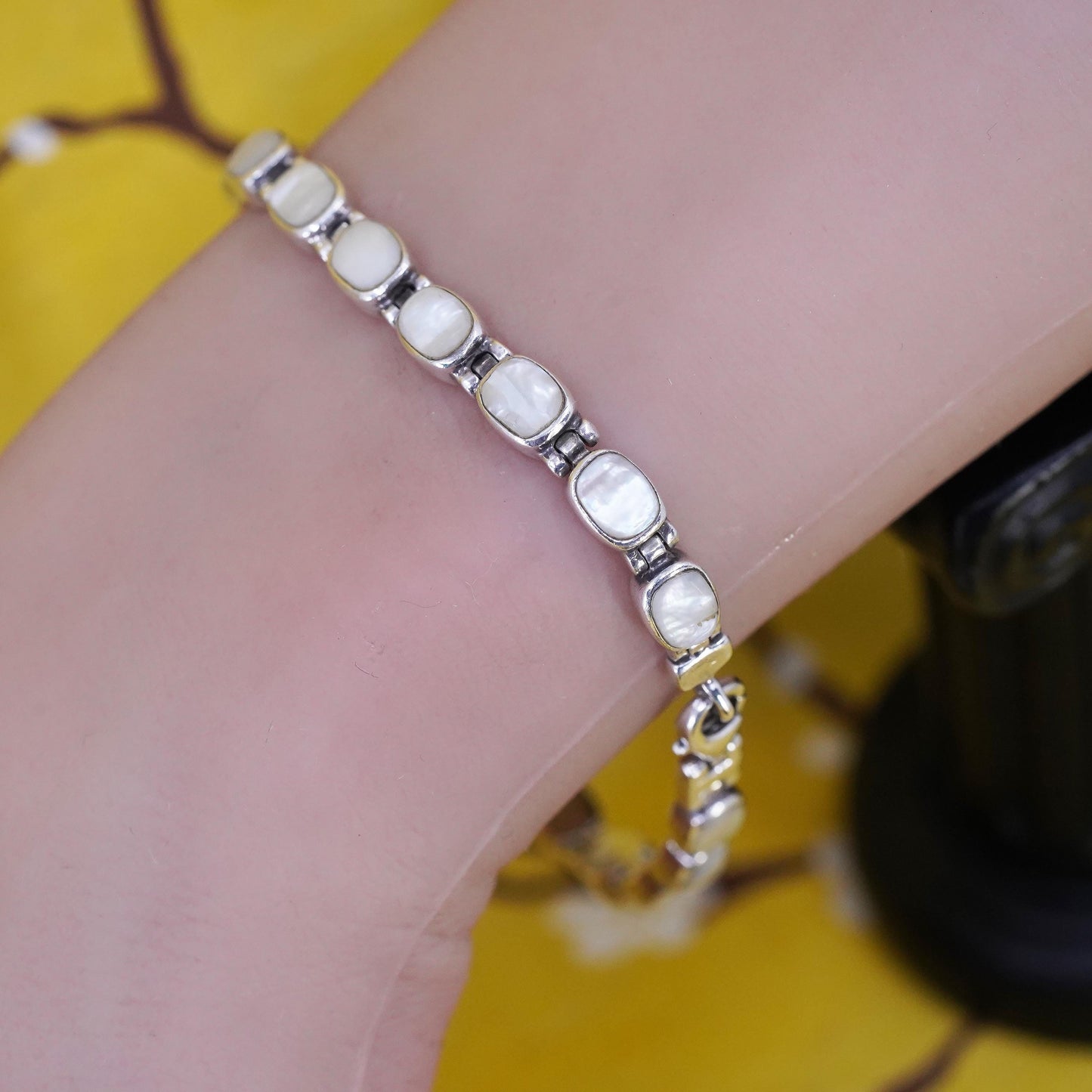 7.5”, Peyote Bird Sterling 925 silver tennis bracelet mother of pearl inlay