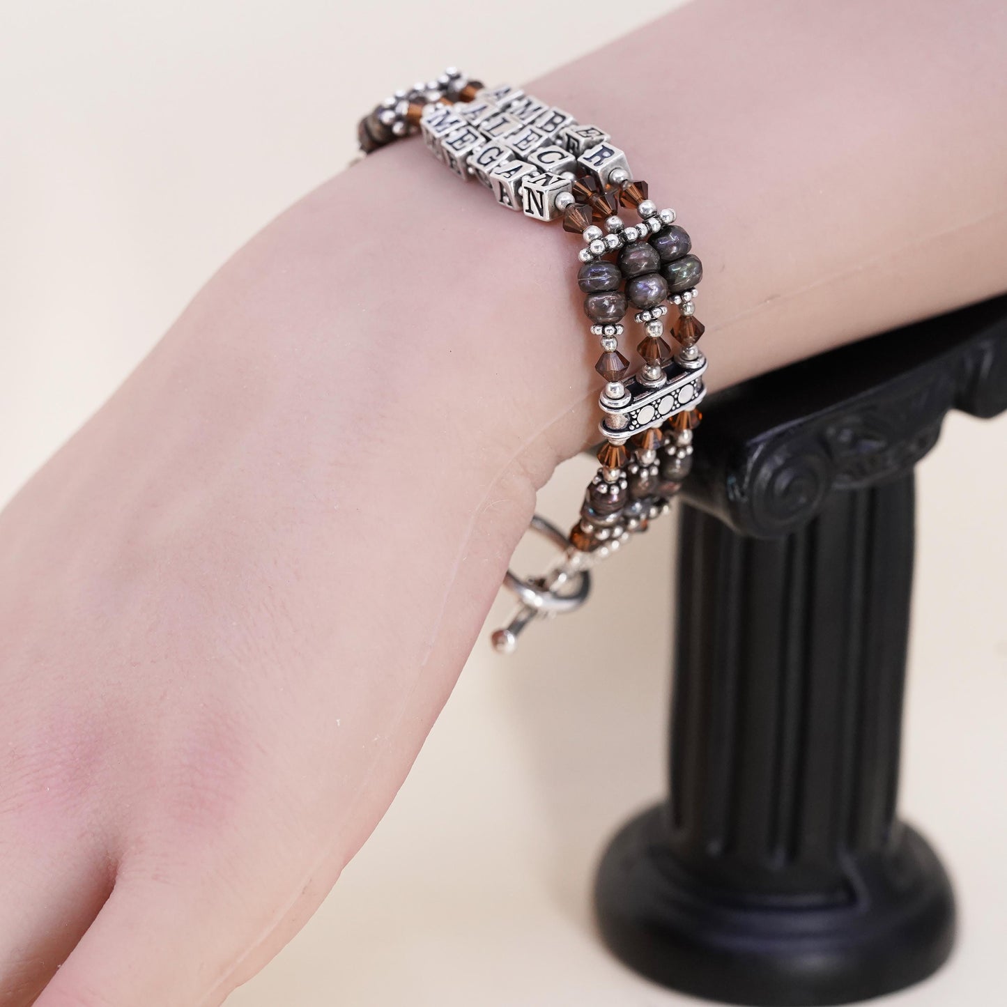 6.5”, sterling silver bracelet multi strands 925 pearl name Amber Alec Megan