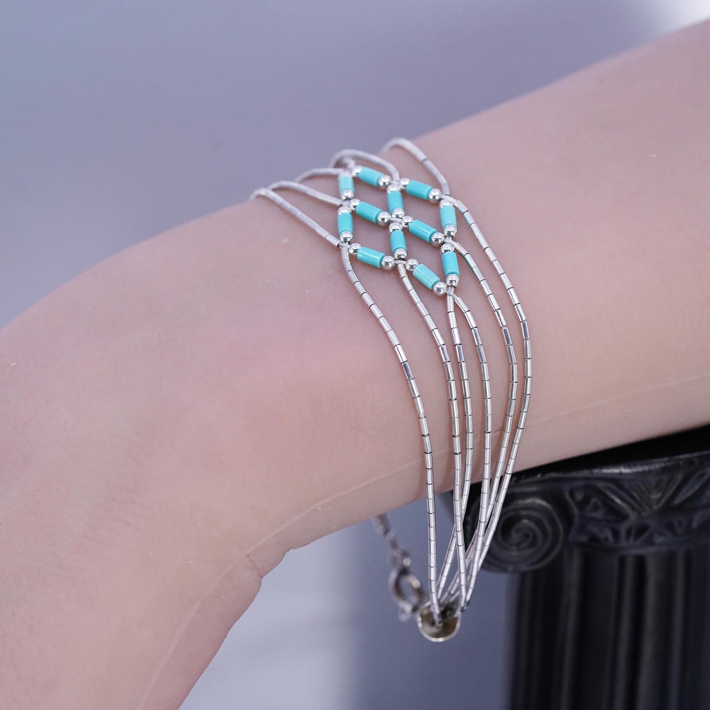 7.25”, Sterling 925 silver handmade bracelet, woven liquid chain with turquoise