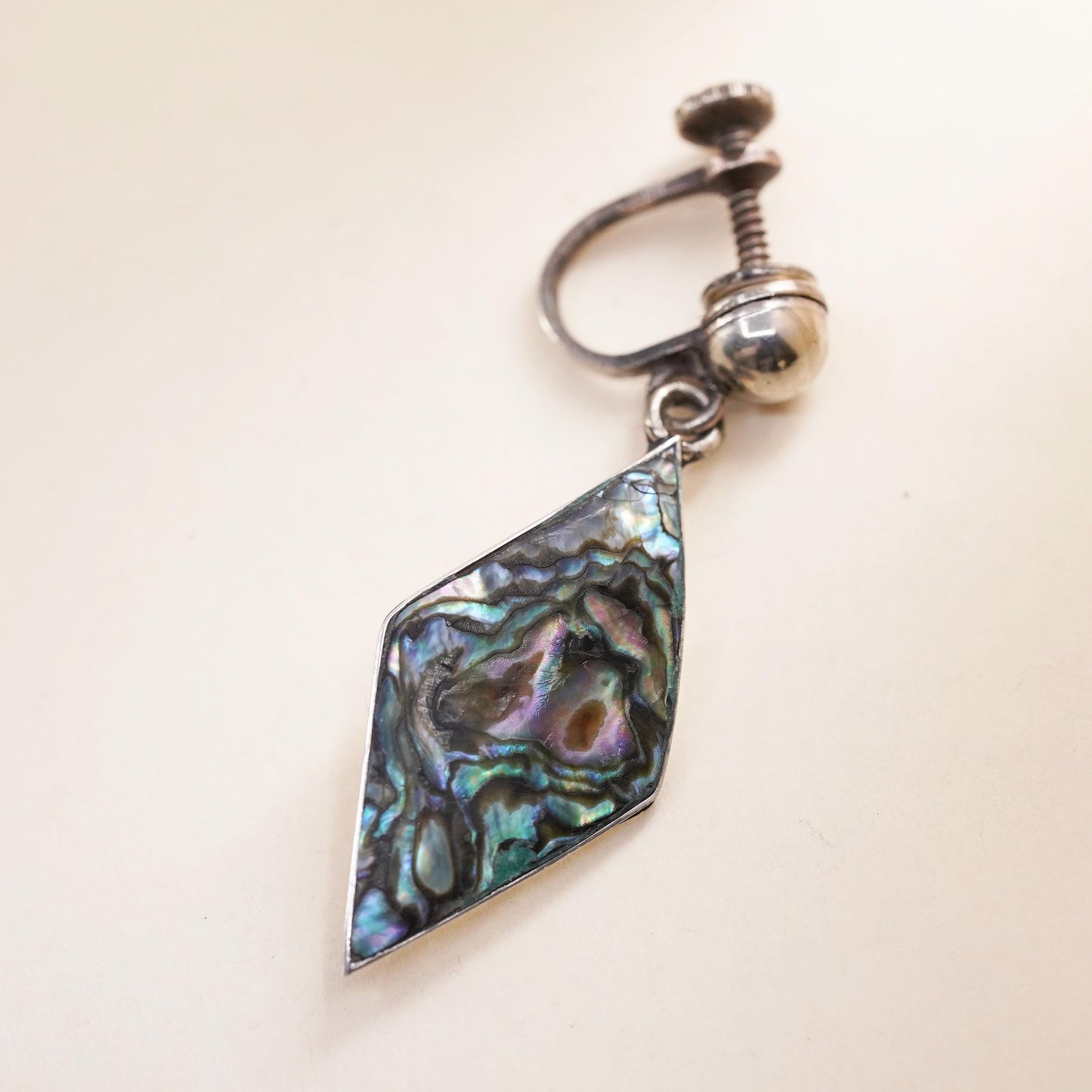 Taxco Mexican sterling silver single earring, 925 screw back dangle abalone