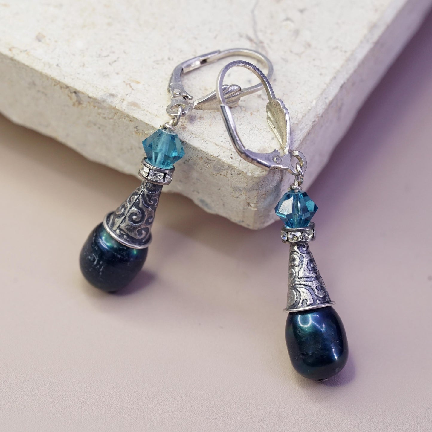 Vintage antique Sterling 925 silver handmade earrings with teardrop black pearl
