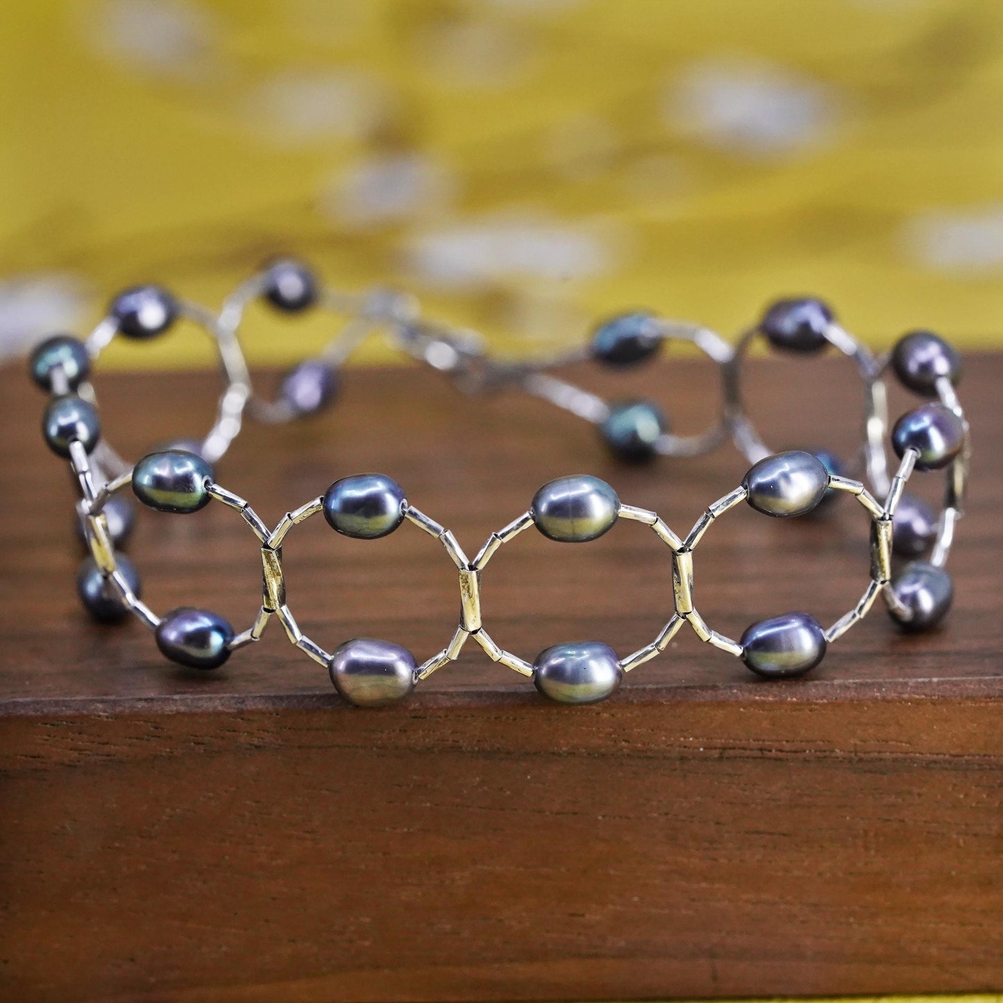 7" Vintage handmade genuine black pearl beads bracelet, sterling 925 silver