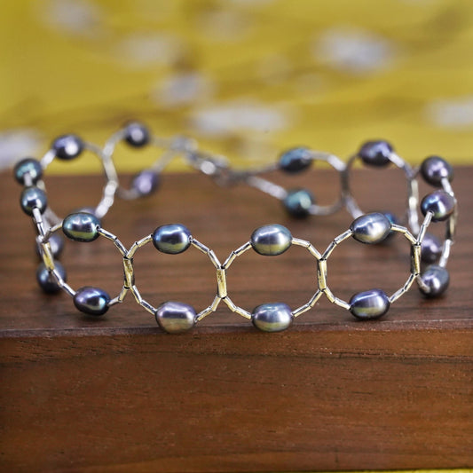 7" Vintage handmade genuine black pearl beads bracelet, sterling 925 silver