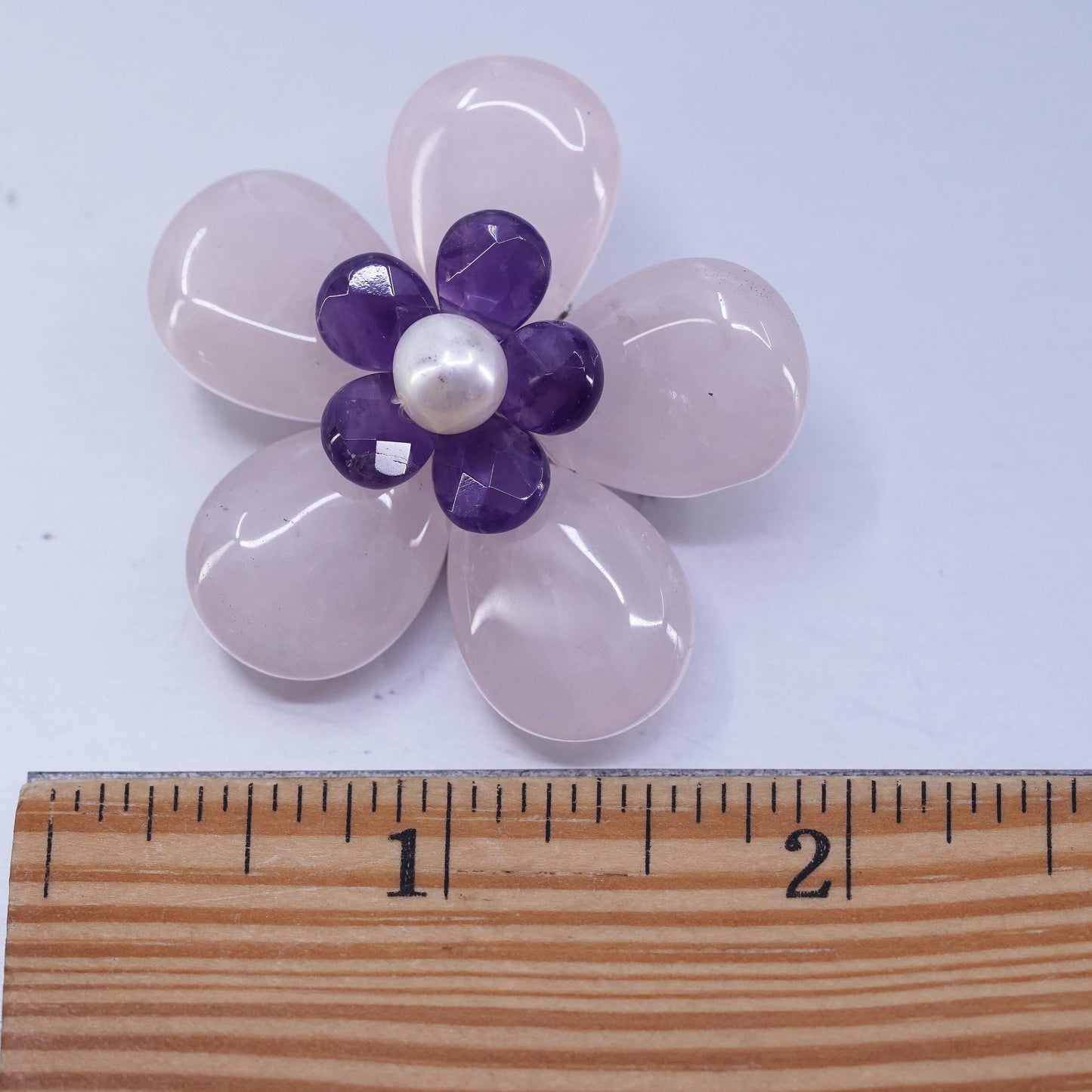 Vintage sterling silver brooch, 925 flower pin with amethyst pink rose quartz