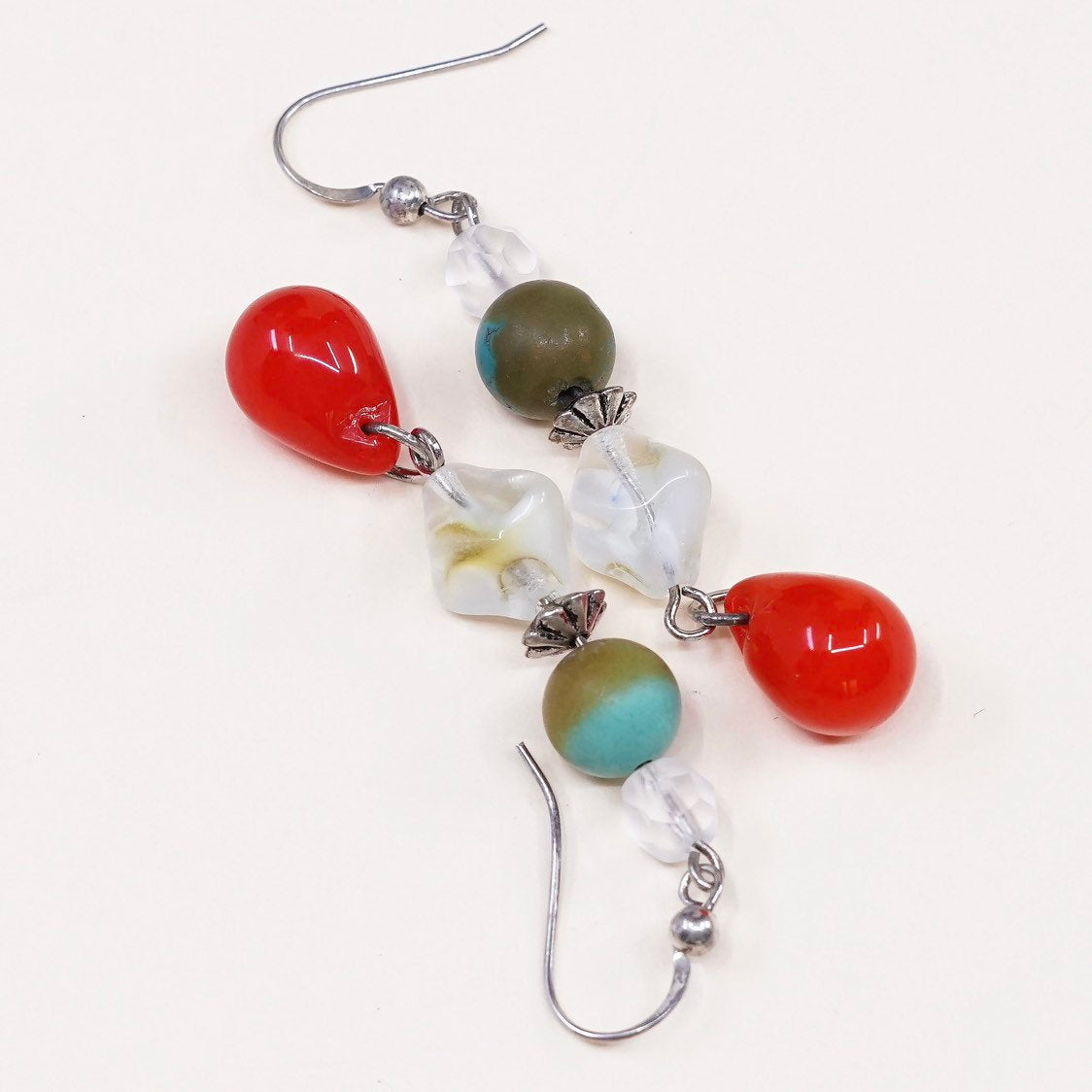 VTG sterling silver handmade earrings 925 w/ turquoise n teardrop red glass