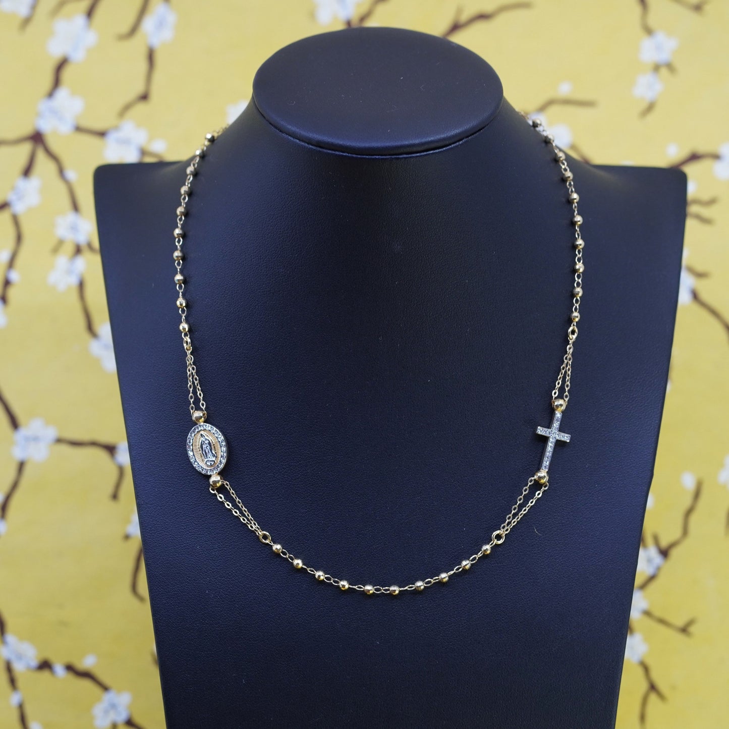 14+4”, vermeil gold Sterling silver necklace, 925 circle chain cross pendant