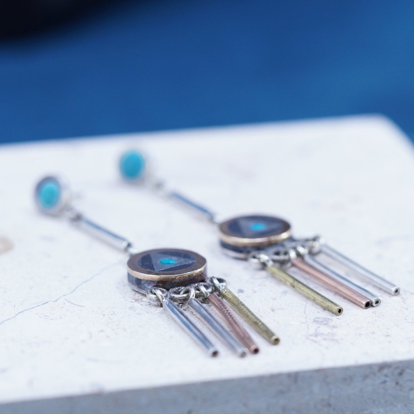 taxco Mexican Sterling silver 925 Piedra Negra dangle inlay earrings fringe
