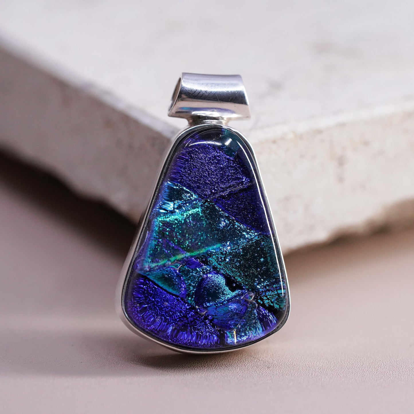 Vintage sterling 925 silver handmade teardrop pendant w/ dichroic foiled glass