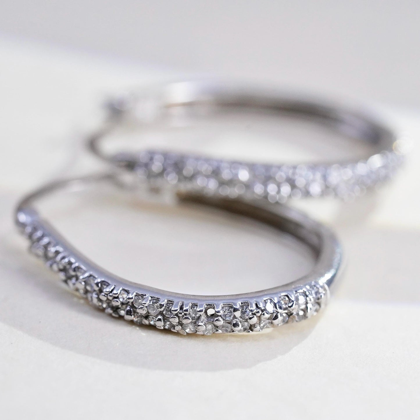 1.25”, Vintage sterling silver earrings, 925 silver hoops, Huggie w/ cluster Cz