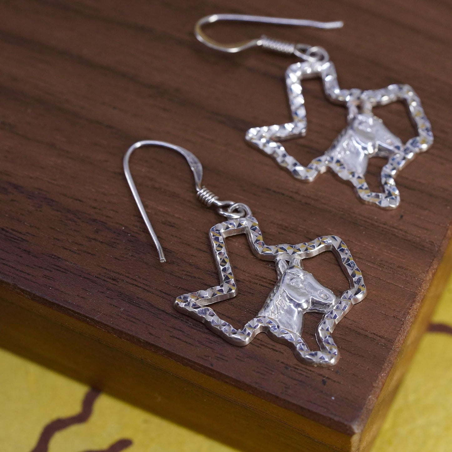 Vintage Sterling 925 silver handmade textured Texas state map earrings horse