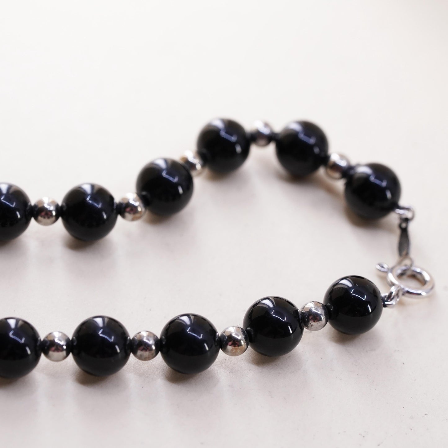 7” 7mm, Vintage Sterling 925 silver handmade bracelet with onyx beads
