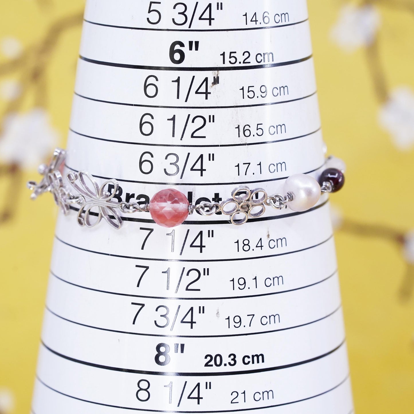 7", VTG Sterling 925 silver butterfly flower bracelet rose pink quartz pearl