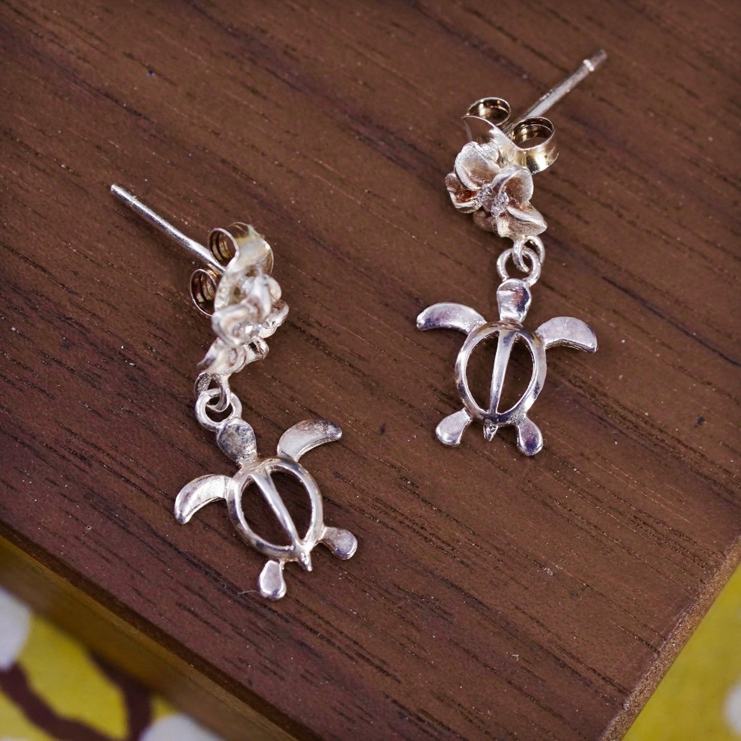 Vintage Sterling silver earrings, 925 plumeria flower studs with turtle dangles