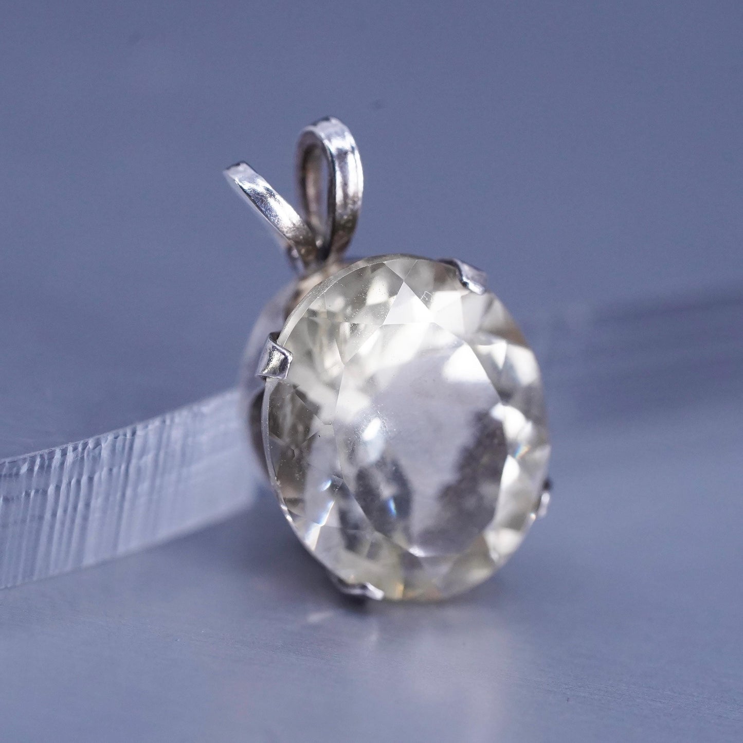 Vintage sterling 925 silver handmade oval charm pendant with crystal