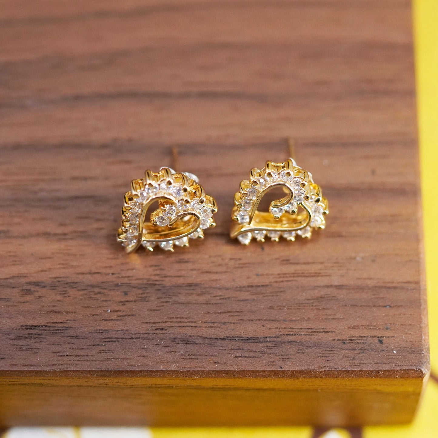 Vintage vermeil gold over Sterling silver heart earrings studs with cz