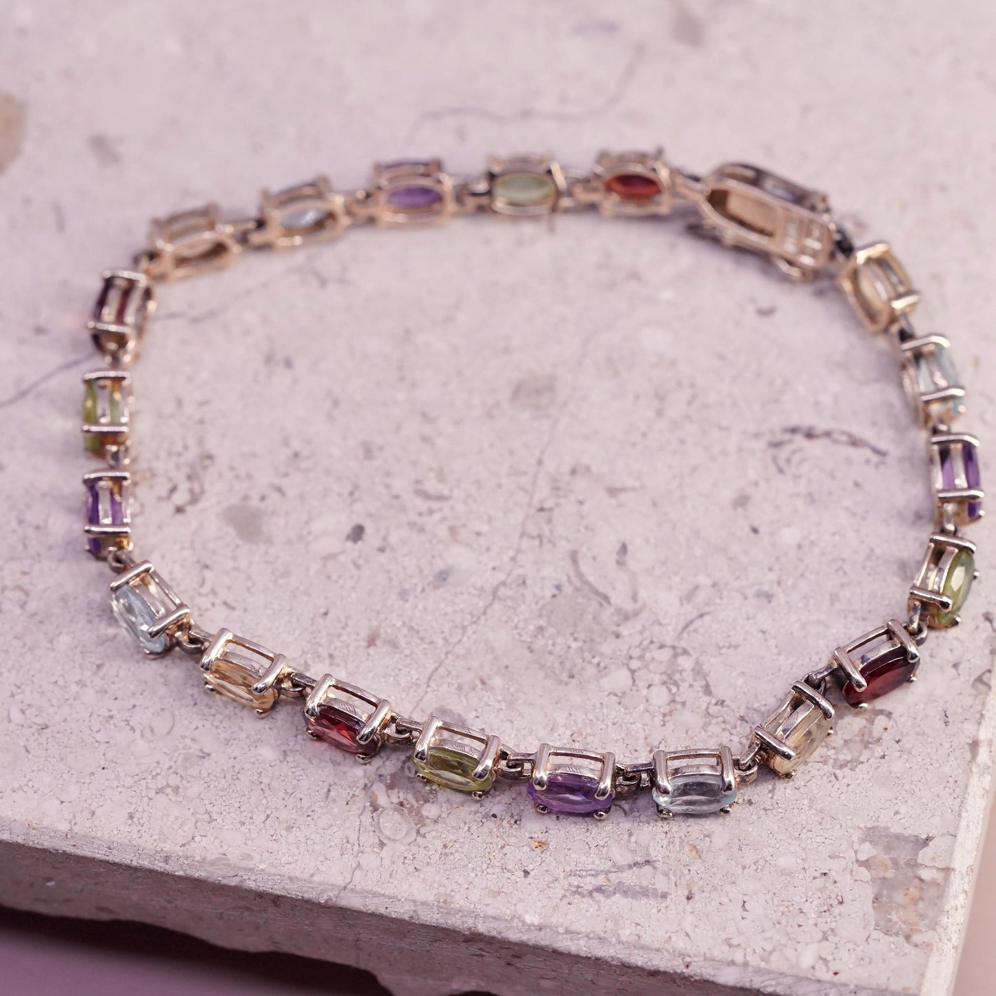6.75” VTG gold plated sterling silver 925 tennis bracelet multi color gemstones