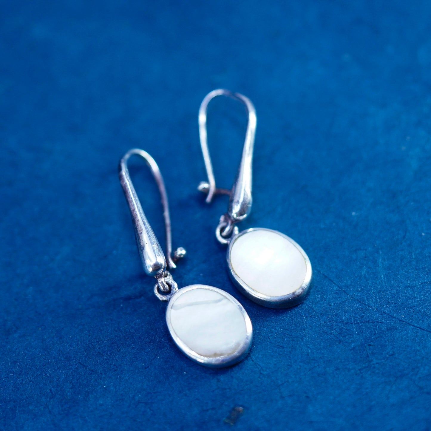 sterling silver handmade earrings, 925 oval drops with mother of pearl inlay