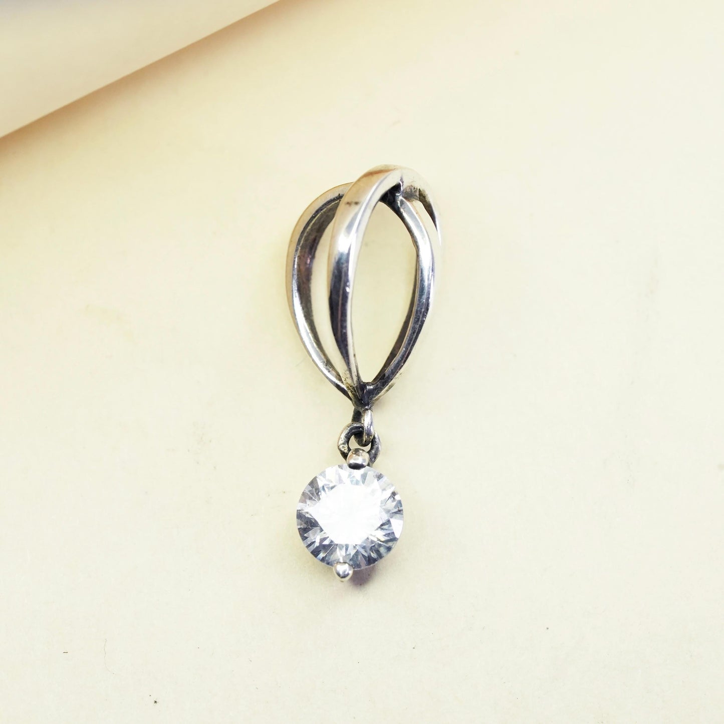 Vintage modern sterling 925 silver cage pendant with cz charm