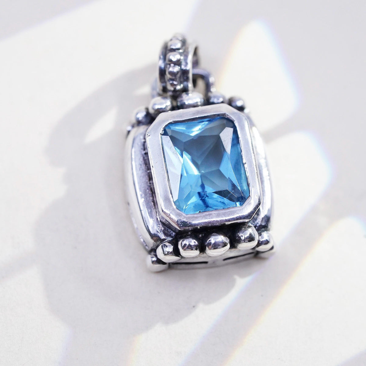 Vintage 925 Sterling Silver Blue Topaz Pendant, Emerald Cut Blue Gemstone Charm