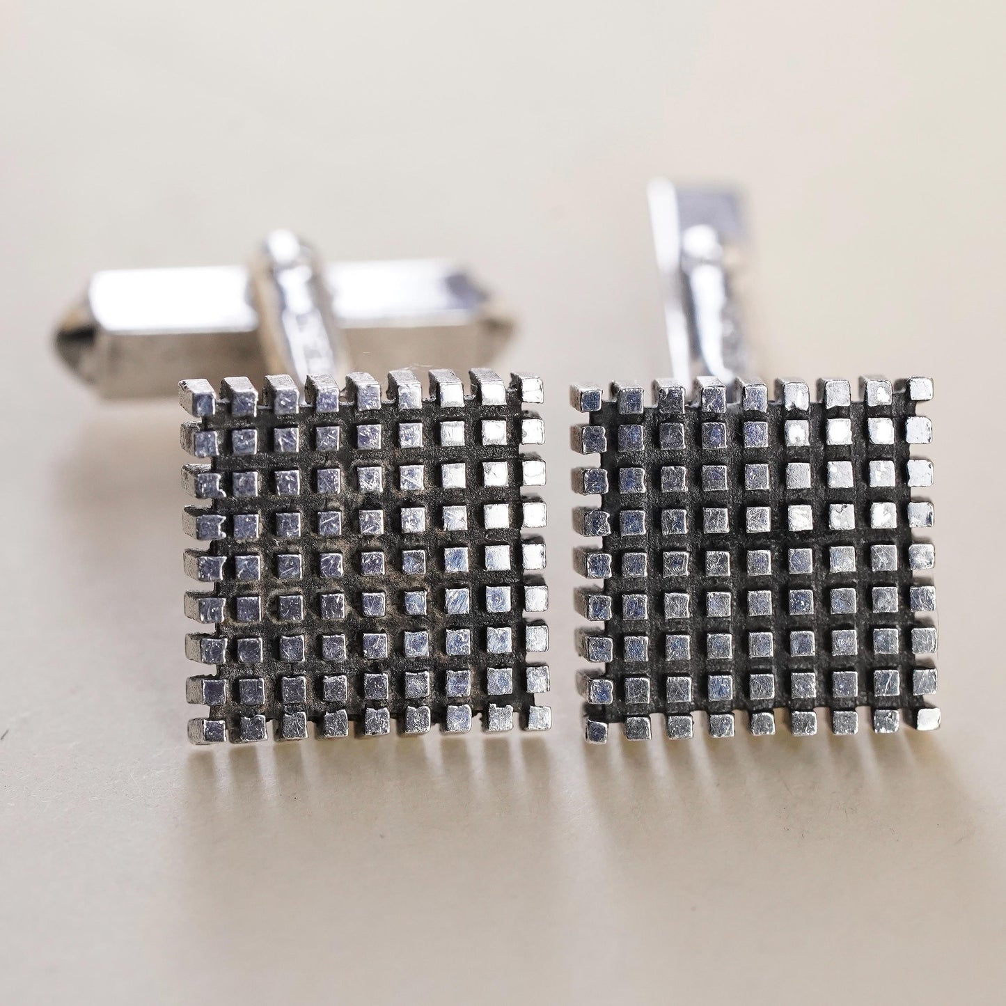 Vintage sterling silver square dotted cuff links, handmade 925 cufflinks