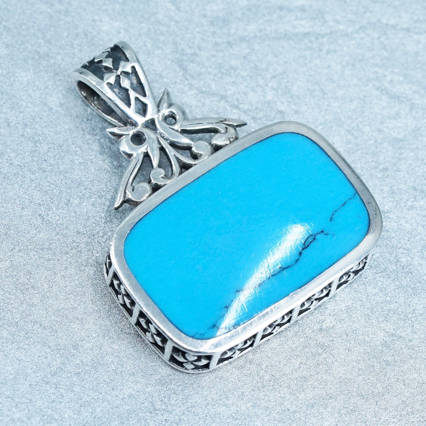 antique sterling 925 silver rectangular double sided pendant w/ turquoise inlay