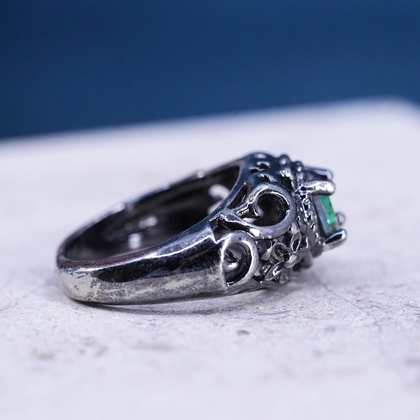 Size 5, vintage oxidized sterling 925 silver handmade ring with rainbow topaz