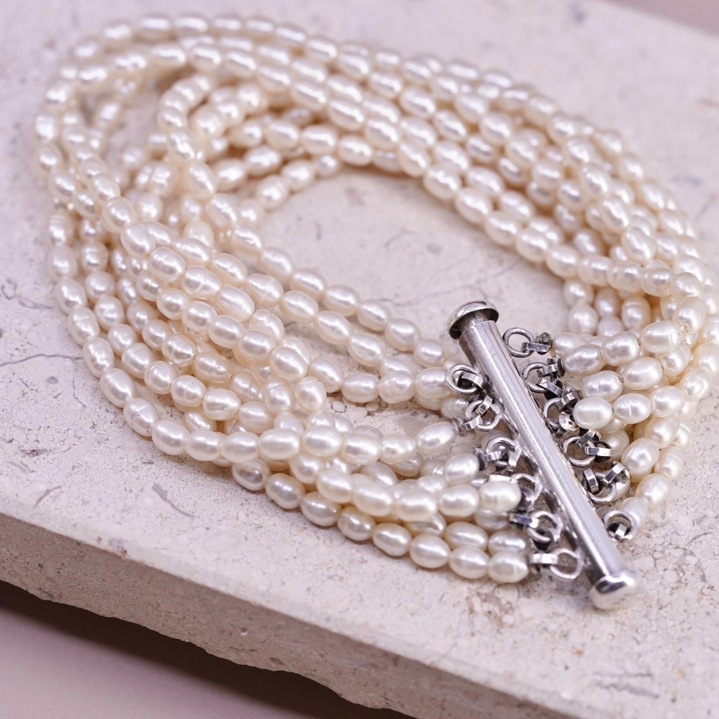 7", vintage Sterling 925 silver multi 10 strands bracelet cluster pearl beads
