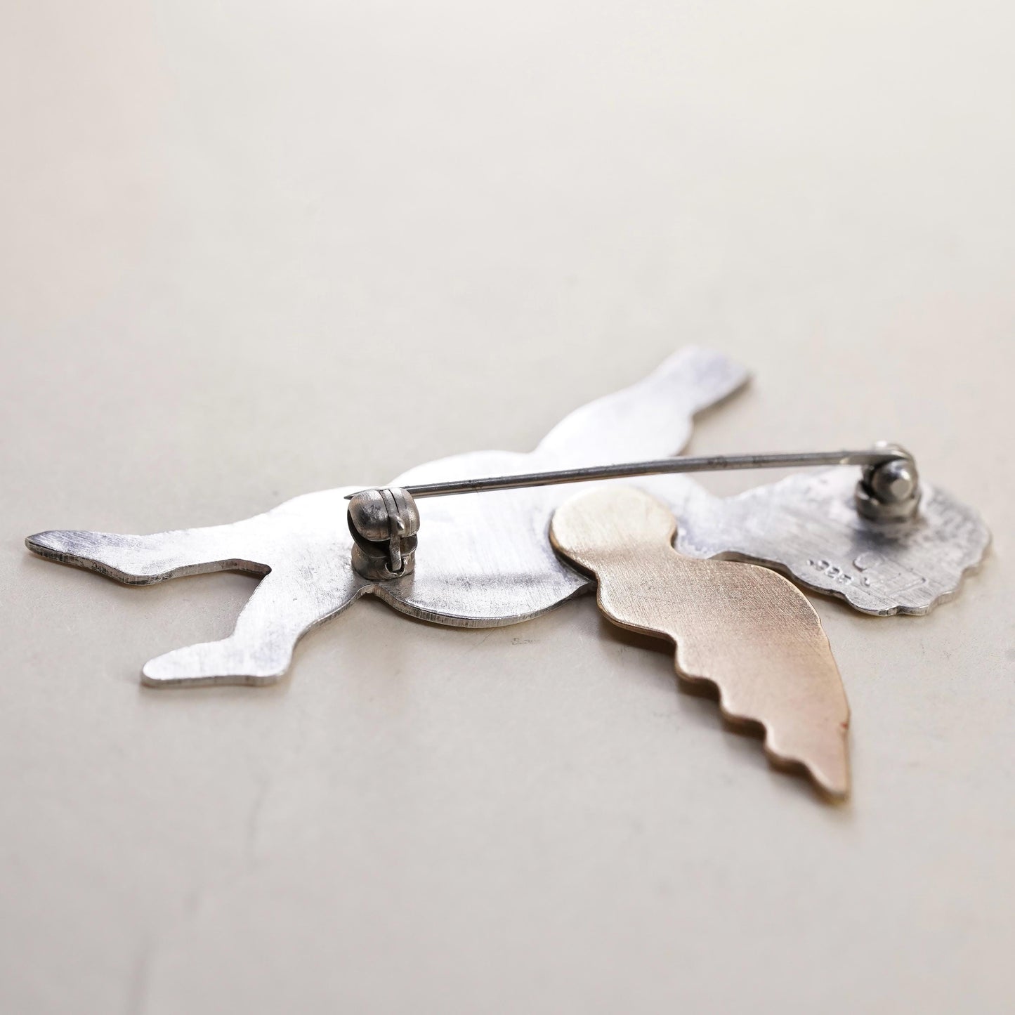Vintage Sterling 925 Silver Signed DJI two tone angel brooch pin, brass wings