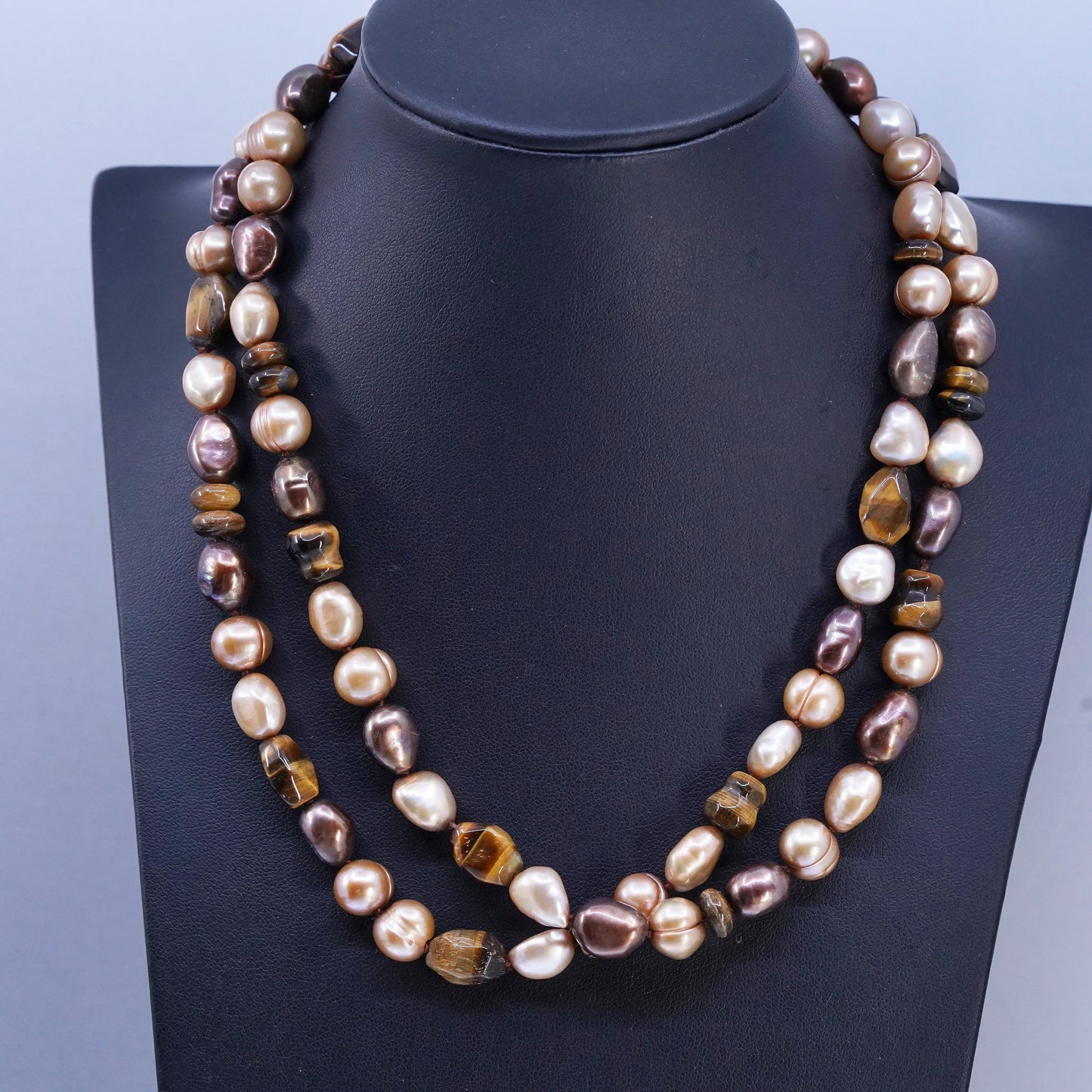 36”, Sterling 925 silver extra long necklace golden tiger eye, pearl nugget