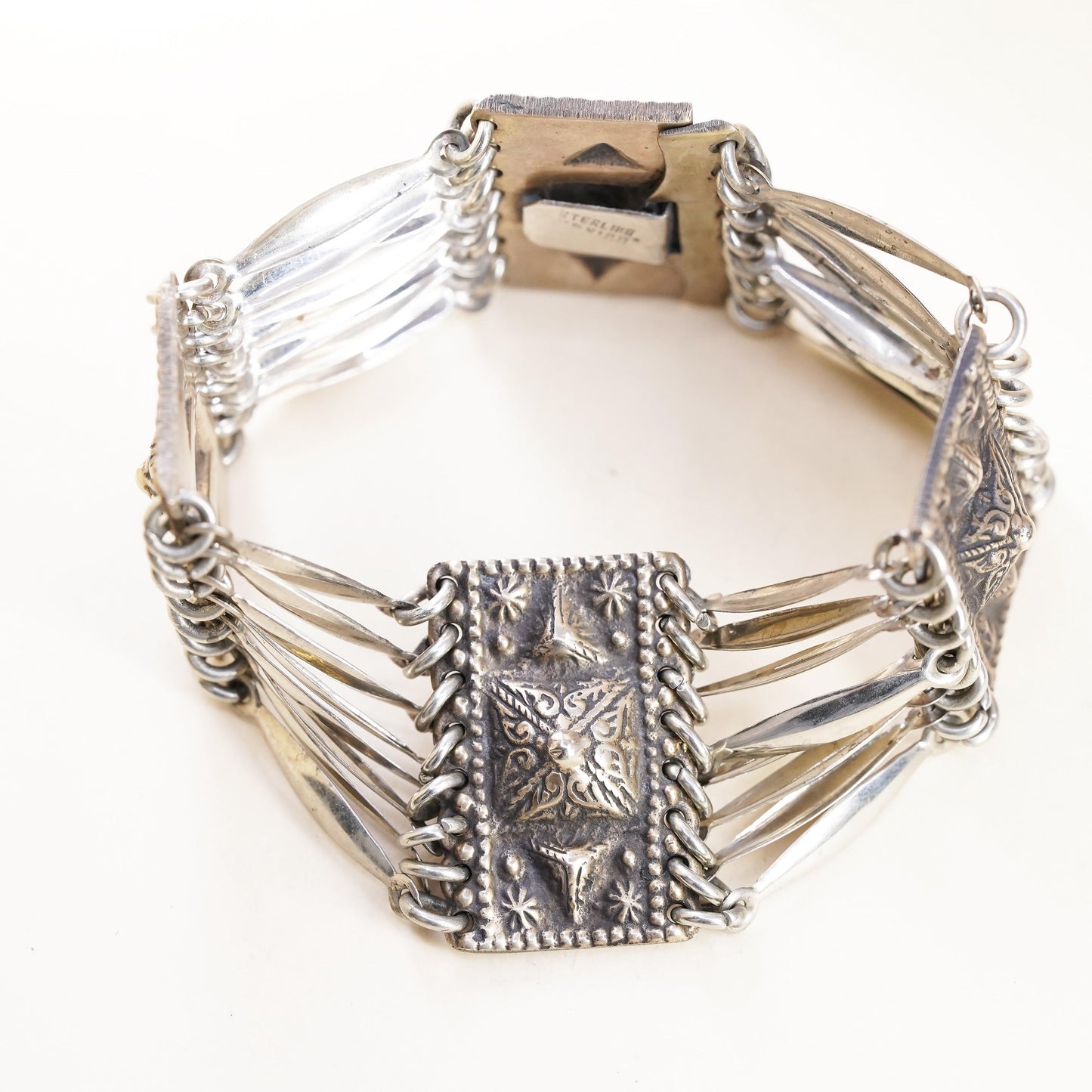 7”, Vintage Sterling 925 Silver Bracelet, Ornate Tribal, Multi Strand Cuff