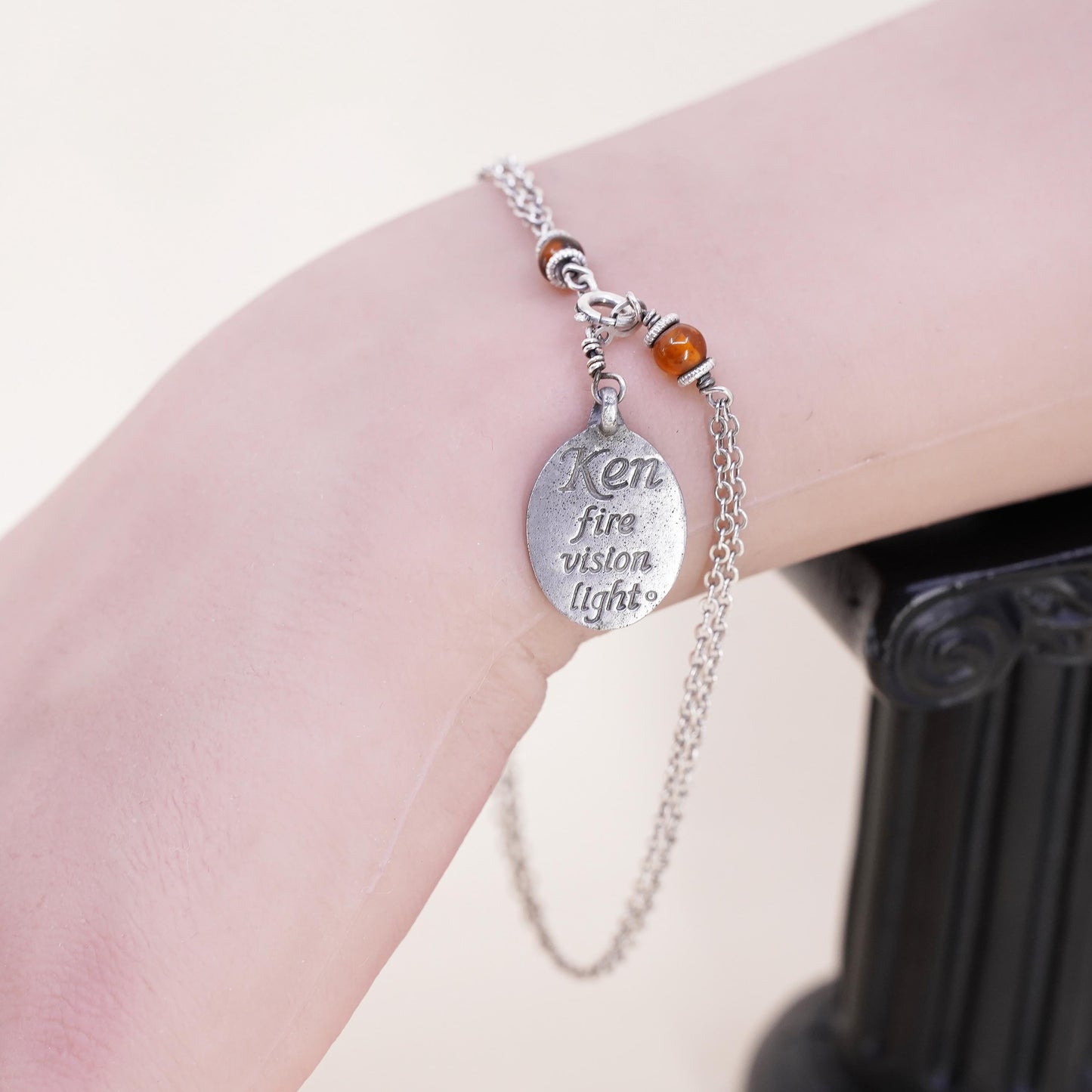 9.25”, sterling 925 silver double strands circle chain bracelet amber charm