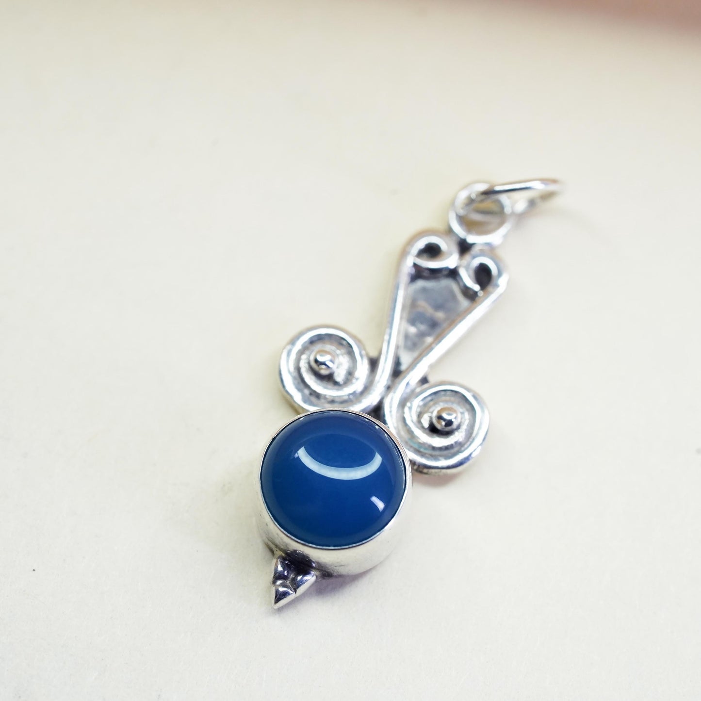 vintage handmade sterling 925 silver pendant with blue onyx and spiral details