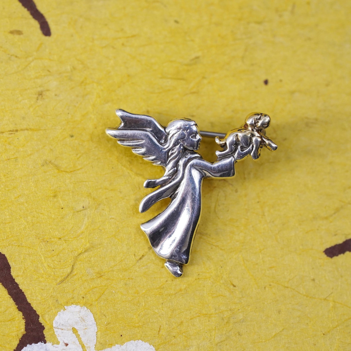 southwestern sterling 925 silver guardian angel brooch 14K yellow gold dog